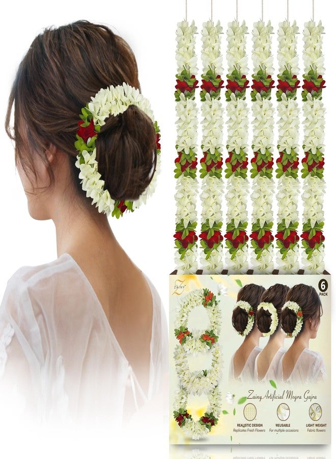 ZAINY 6 Pack Red White Mogra Artificial Gajra for Hair Indian Bun Braid, Traditional Veni, Gajra Bracelet, Jasmine Flowers, Bridal Hair Accessories for Women, Flower for Wedding, Floral Girl Accessory - Image 1